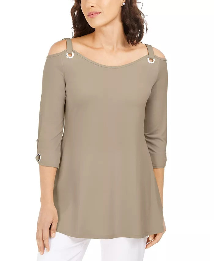 Túnica feminina com ilhós e ombros descobertos, bege, tamanho grande, da coleção JM