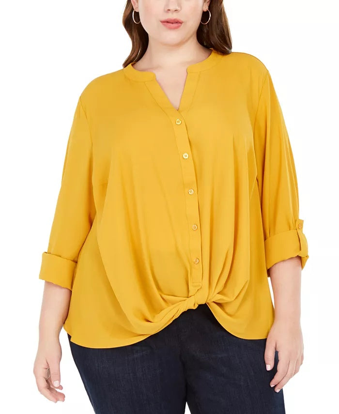 Camisa feminina plus size com frente torcida da INC International Concepts, amarela, tamanho 2X