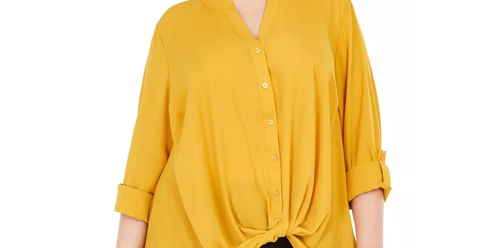 Camisa feminina plus size com frente torcida da INC International Concepts, amarela, tamanho 2X