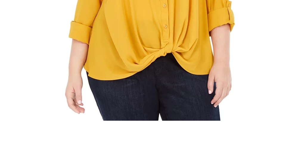 Camisa feminina plus size com frente torcida da INC International Concepts, amarela, tamanho 2X