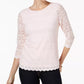 Top de renda feminino Charter Club com manga 3/4, branco, tamanho X-S