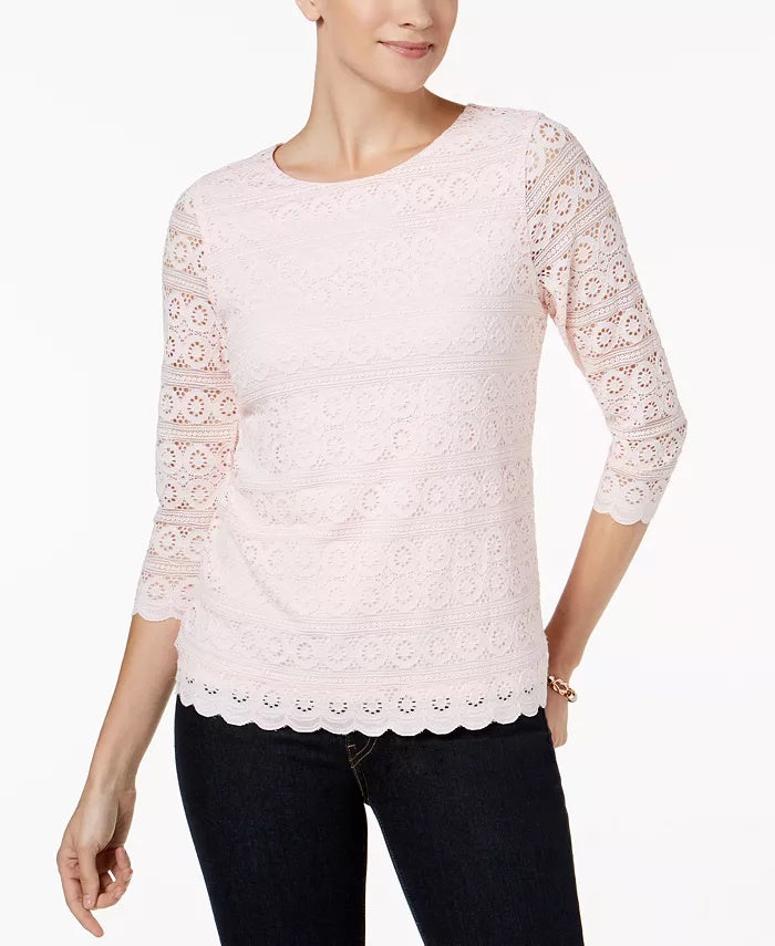 Top de renda feminino Charter Club com manga 3/4, branco, tamanho X-S
