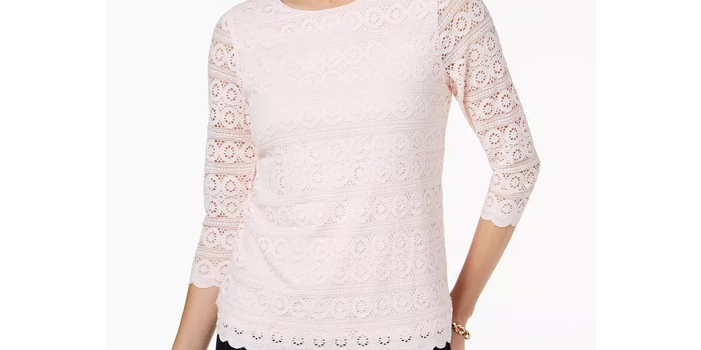 Top de renda feminino Charter Club com manga 3/4, branco, tamanho X-S