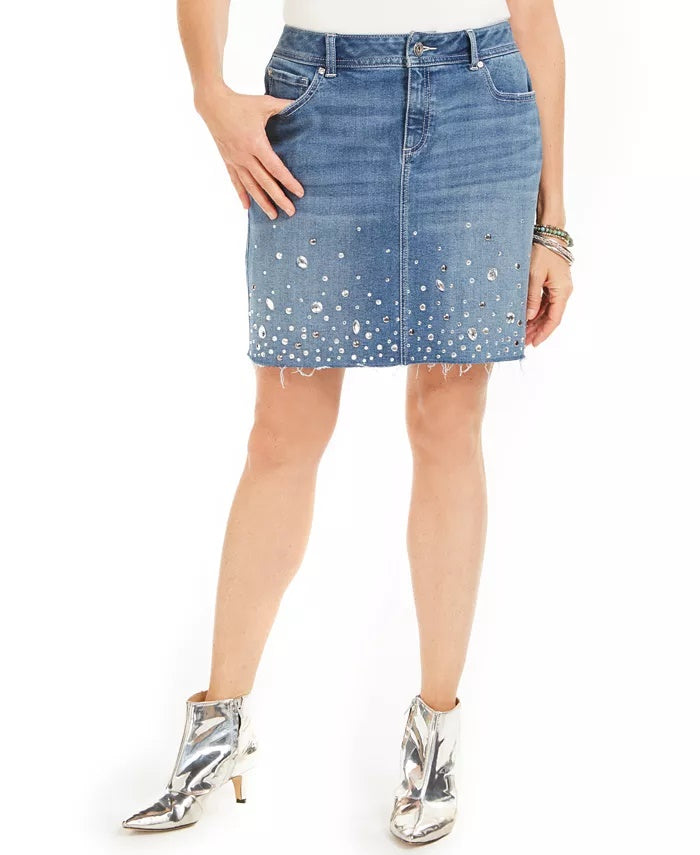 INC International Concepts Saia jeans feminina com corte curvilíneo e strass, azul, tamanho 0