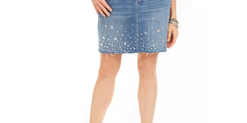 INC International Concepts Saia jeans feminina com corte curvilíneo e strass, azul, tamanho 0