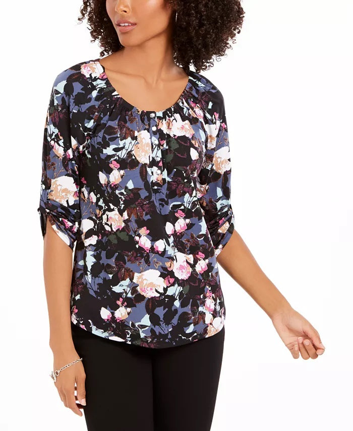 Blusa feminina NY Collection estampada com mangas bufantes e abas dobradas, estilo camponês, preta, tamanho pequeno médio