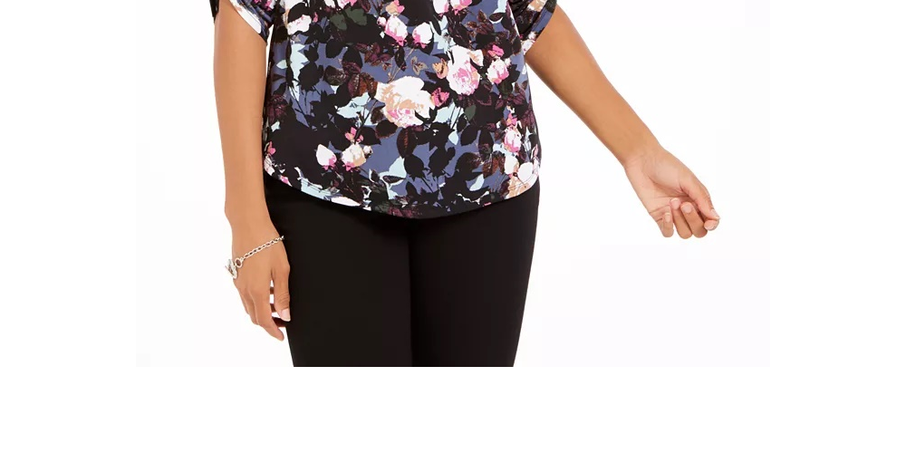 Blusa feminina NY Collection estampada com mangas bufantes e abas dobradas, estilo camponês, preta, tamanho pequeno médio