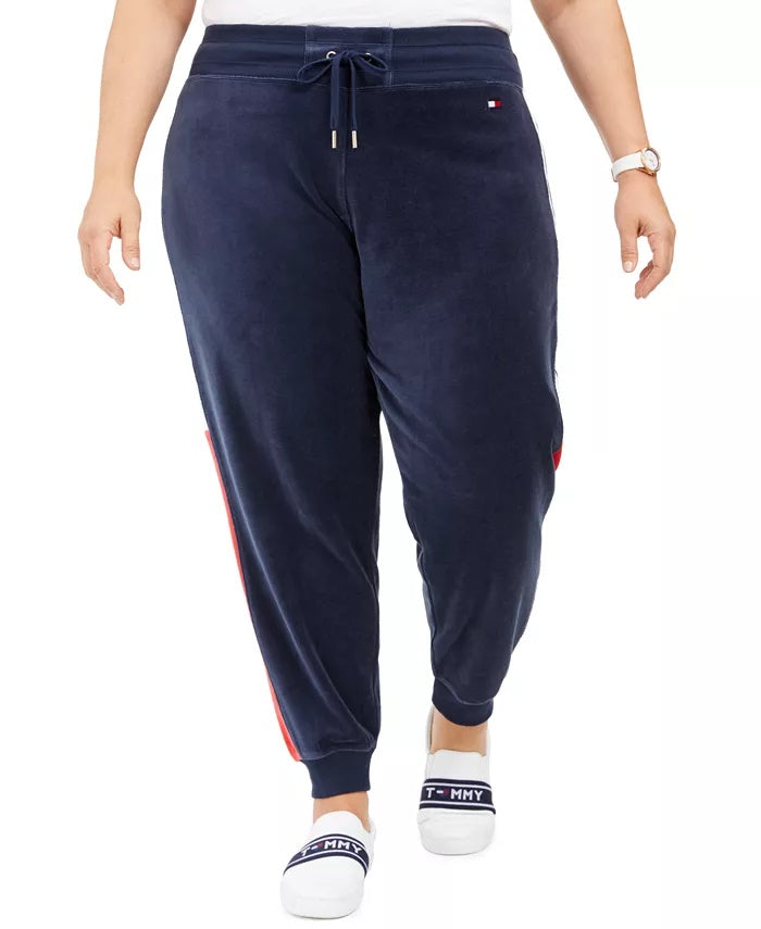 Calça jogger feminina Tommy Hilfiger Sport Plus Velour Varsity com painel preto, tamanho 2X