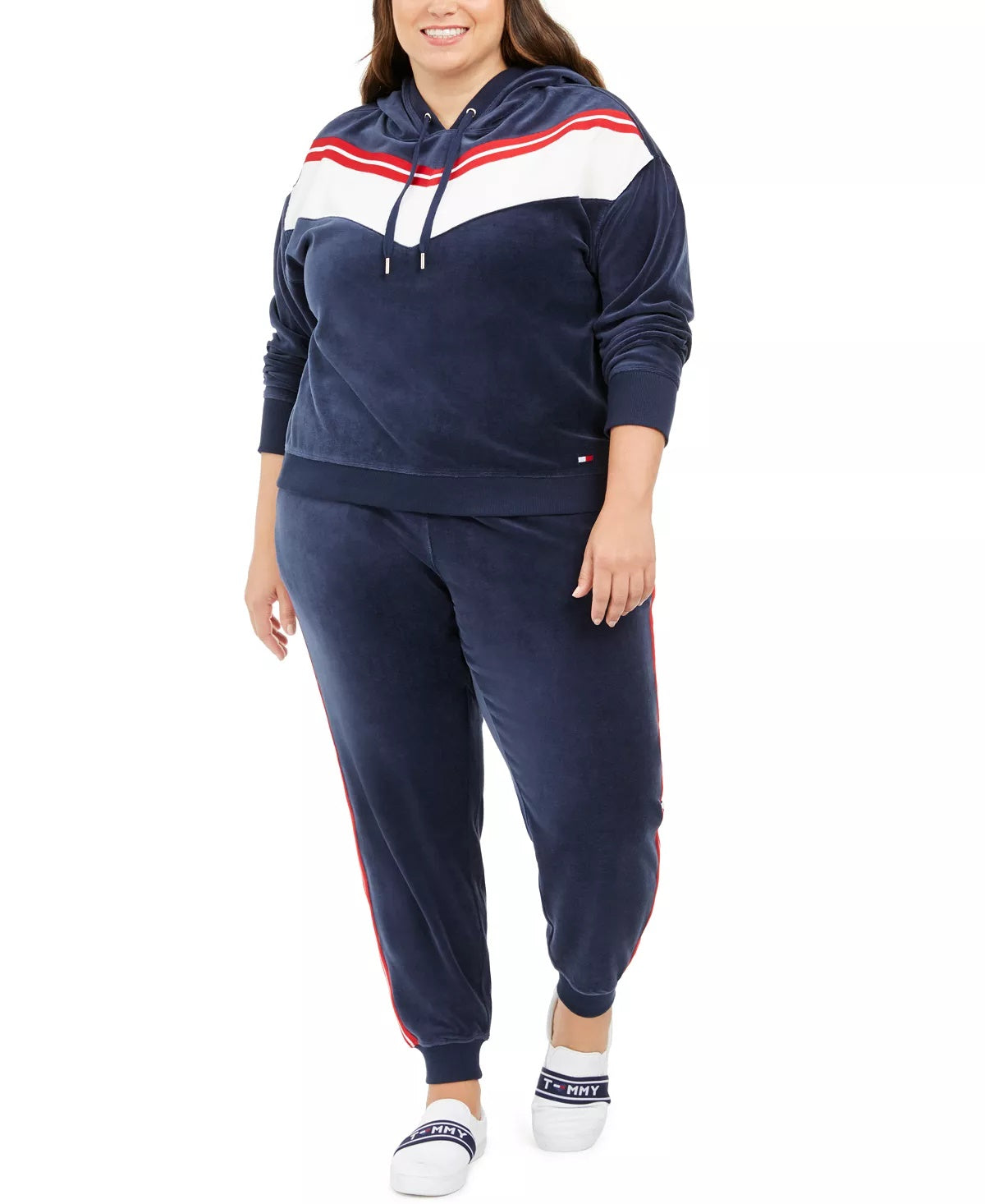 Calça jogger feminina Tommy Hilfiger Sport Plus Velour Varsity com painel preto, tamanho 2X