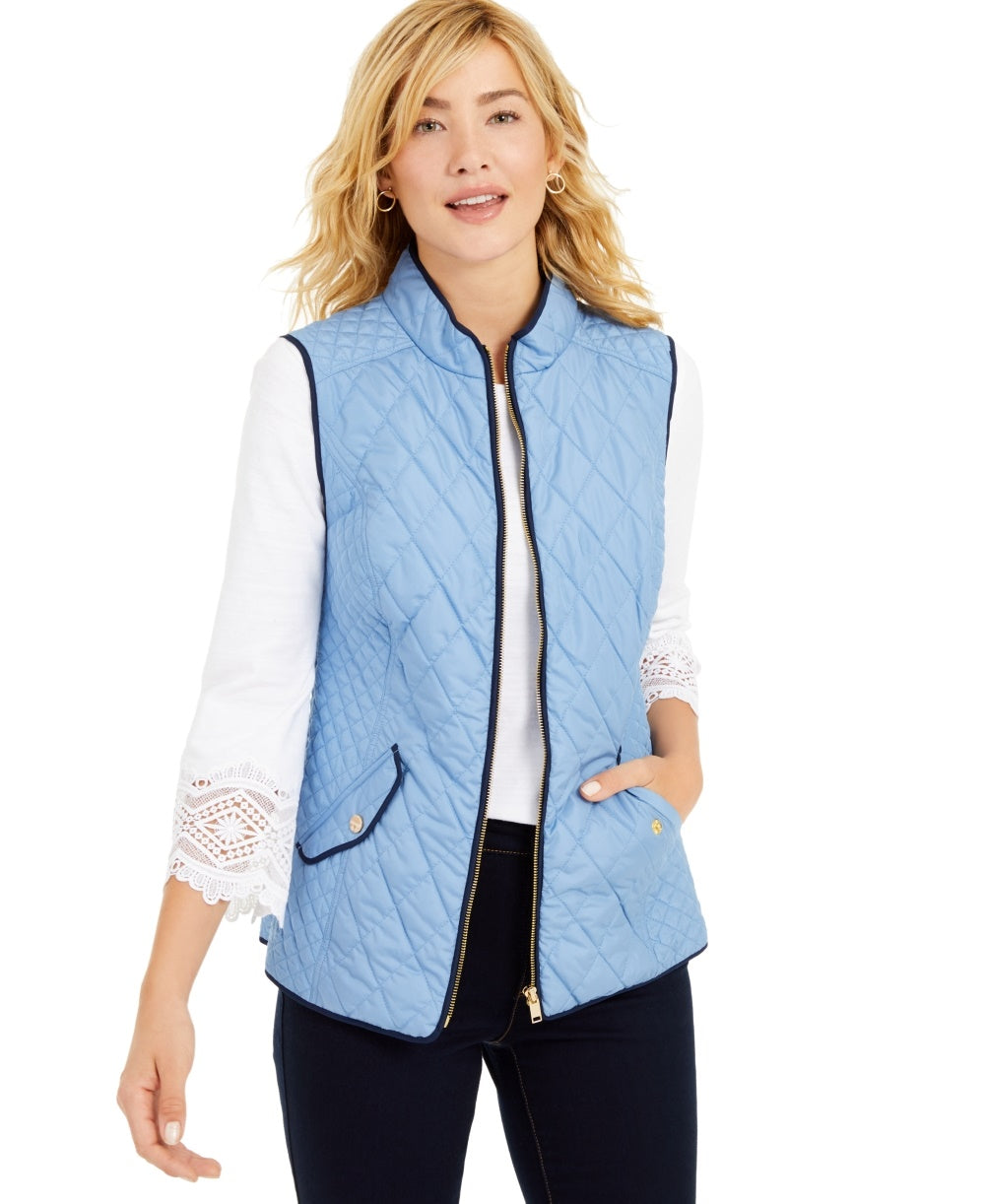Colete feminino Charter Club Petite de algodão acolchoado com zíper frontal, azul, tamanho pequeno