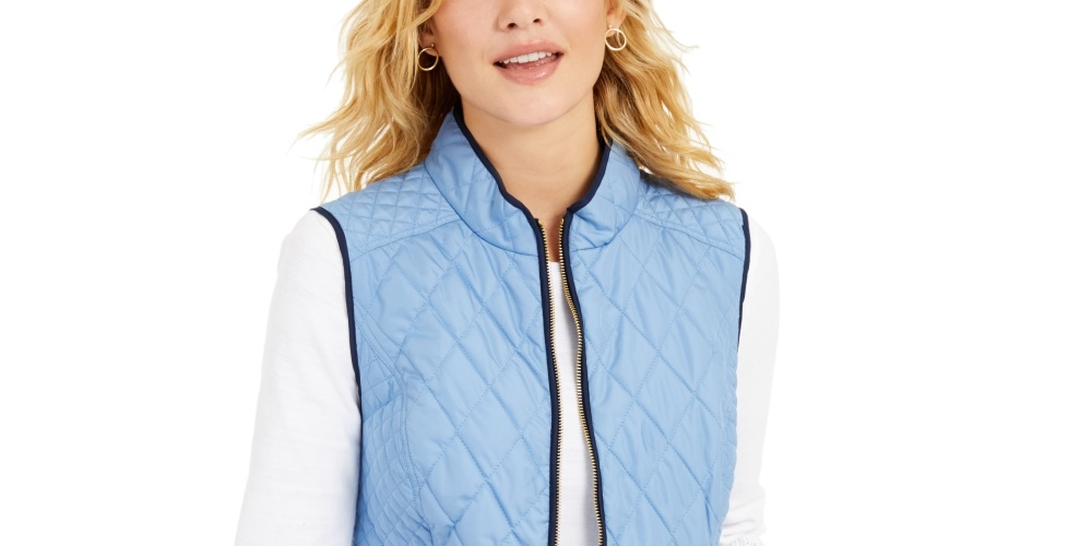 Colete feminino Charter Club Petite de algodão acolchoado com zíper frontal, azul, tamanho pequeno