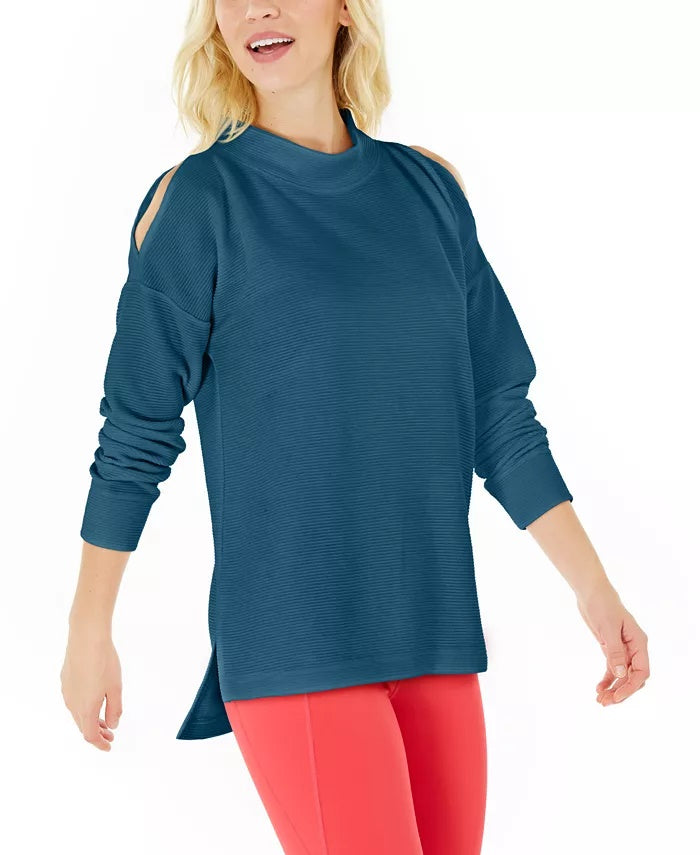 Blusa feminina Ideology com ombros descobertos e aberturas, azul, tamanho médio