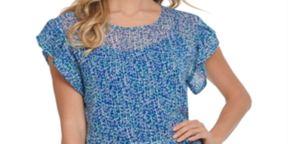 Blusa feminina DKNY estampada de manga curta com babados, azul, tamanho grande