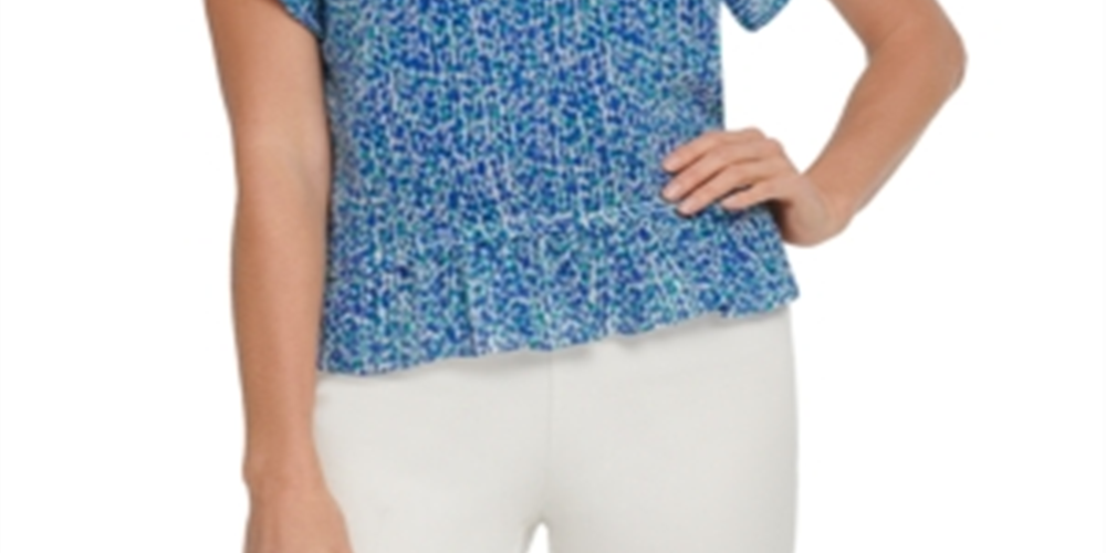 Blusa feminina DKNY estampada de manga curta com babados, azul, tamanho grande