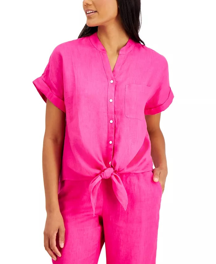 Camisa feminina Charter Club de linho com botões e amarração frontal, vermelha, tamanho X-S