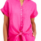 Camisa feminina Charter Club de linho com botões e amarração frontal, vermelha, tamanho X-S