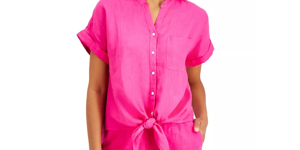 Camisa feminina Charter Club de linho com botões e amarração frontal, vermelha, tamanho X-S