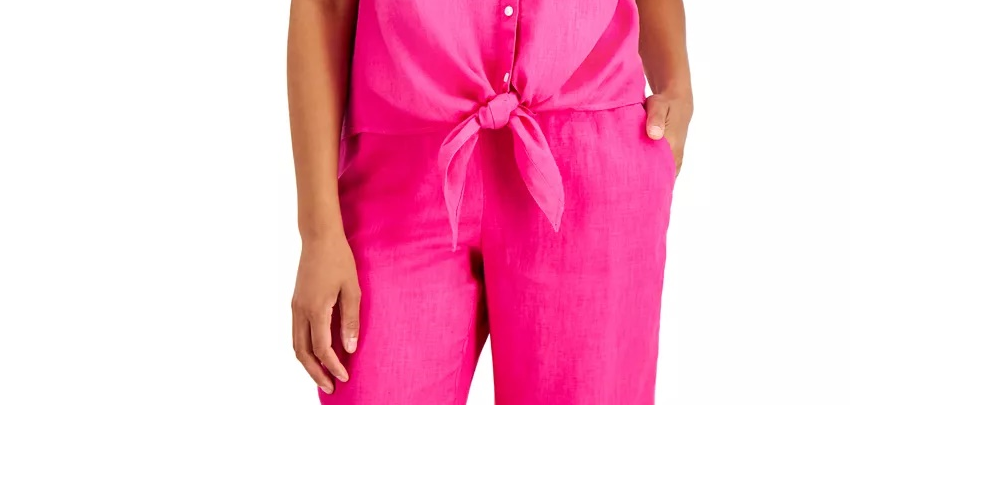 Camisa feminina Charter Club de linho com botões e amarração frontal, vermelha, tamanho X-S