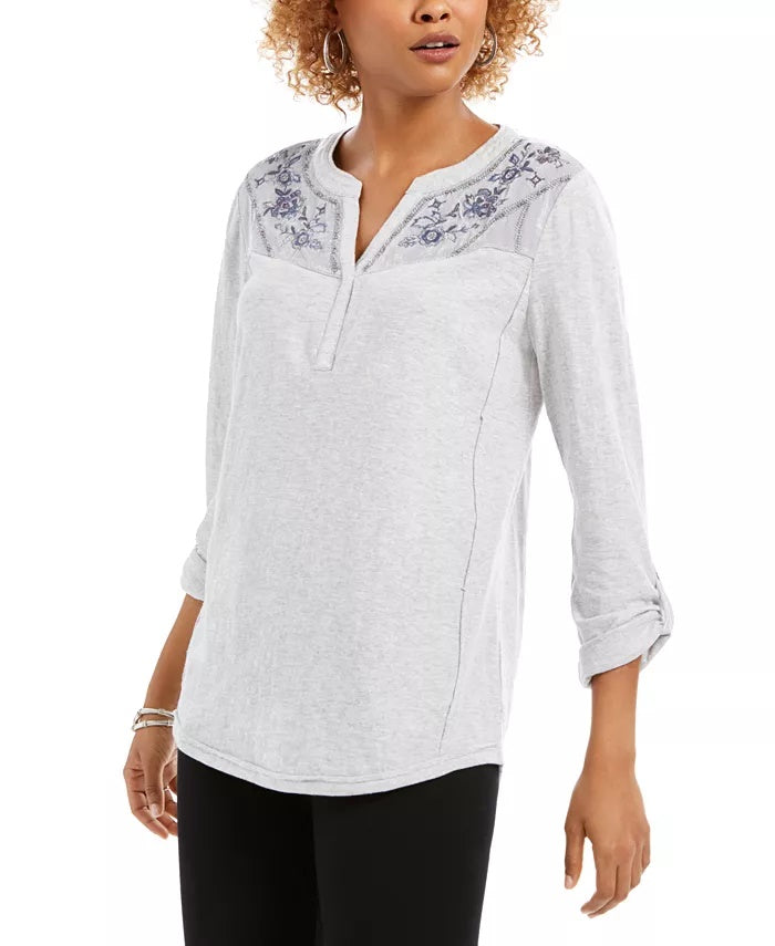 Blusa feminina estilo &amp; co com jugo bordado e mangas dobradas, cinza, tamanho extrapequeno