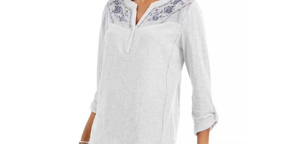 Blusa feminina estilo &amp; co com jugo bordado e mangas dobradas, cinza, tamanho extrapequeno