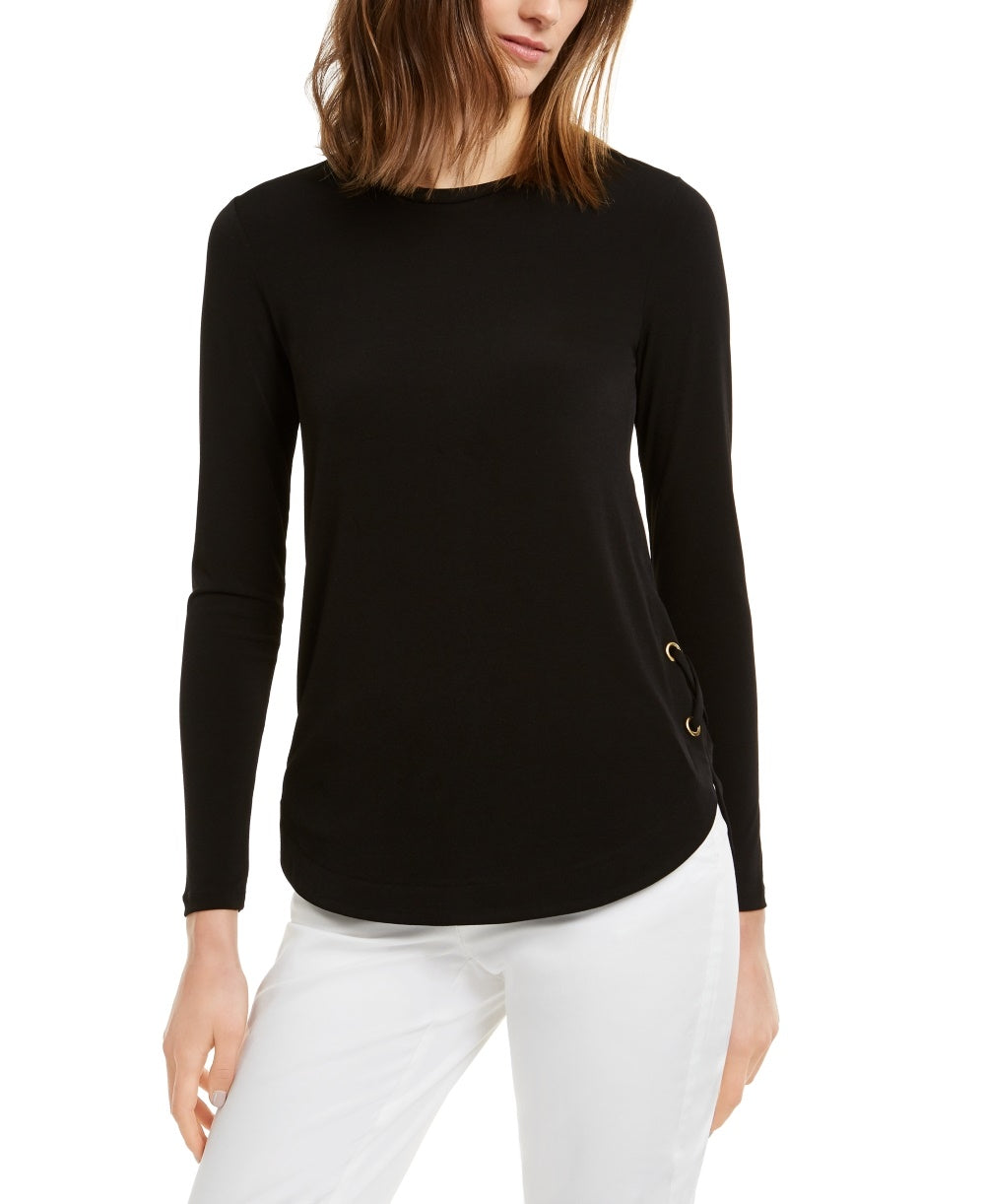 Camiseta feminina Michael Kors com cadarço e manga comprida, tamanho regular, preta, pequena, grande
