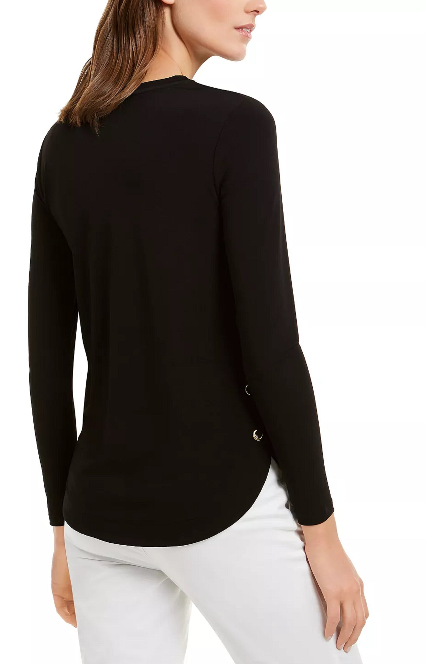 Camiseta feminina Michael Kors com cadarço e manga comprida, tamanho regular, preta, pequena, grande