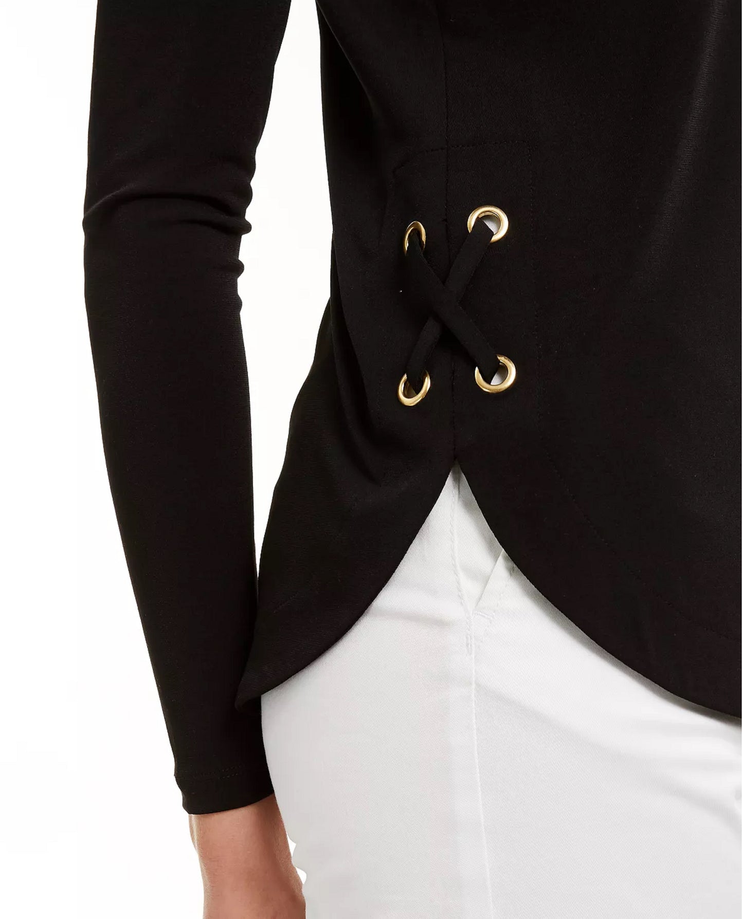 Camiseta feminina Michael Kors com cadarço e manga comprida, tamanho regular, preta, pequena, grande