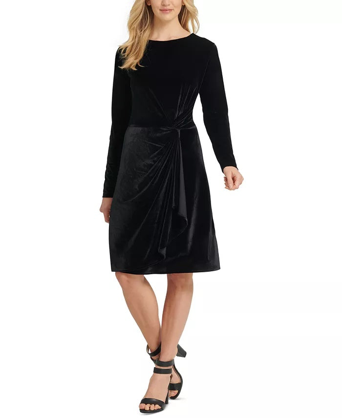 Vestido feminino DKNY de manga comprida com decote em joia e comprimento até o joelho, preto, tamanho grande