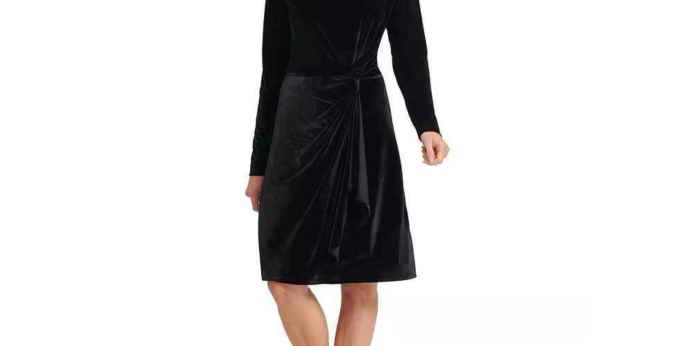 Vestido feminino DKNY de manga comprida com decote em joia e comprimento até o joelho, preto, tamanho grande