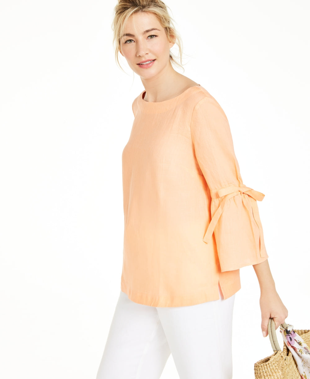 Blusa feminina Charter Club de linho com manga sino, laranja, tamanho pequeno