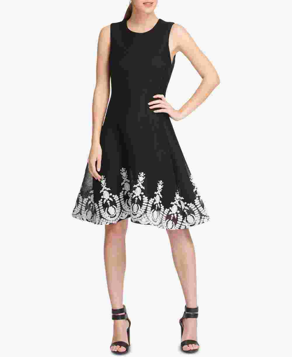 DKNY Women's Sleeveless Embroidered Fit & Flare Dress Black Size 6