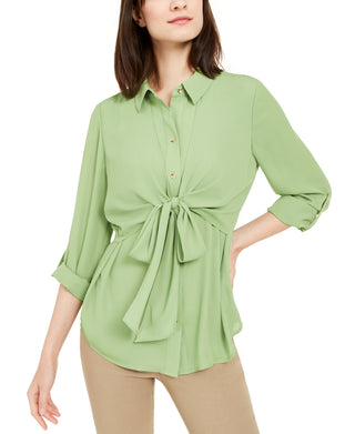 Blusa feminina Alfani com amarração na cintura e mangas enroladas, verde, tamanho grande