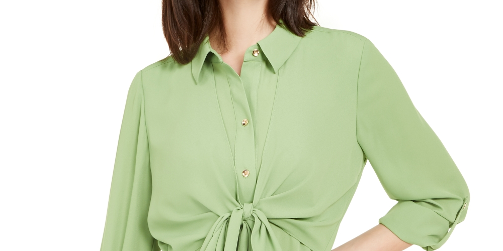Blusa feminina Alfani com amarração na cintura e mangas enroladas, verde, tamanho grande
