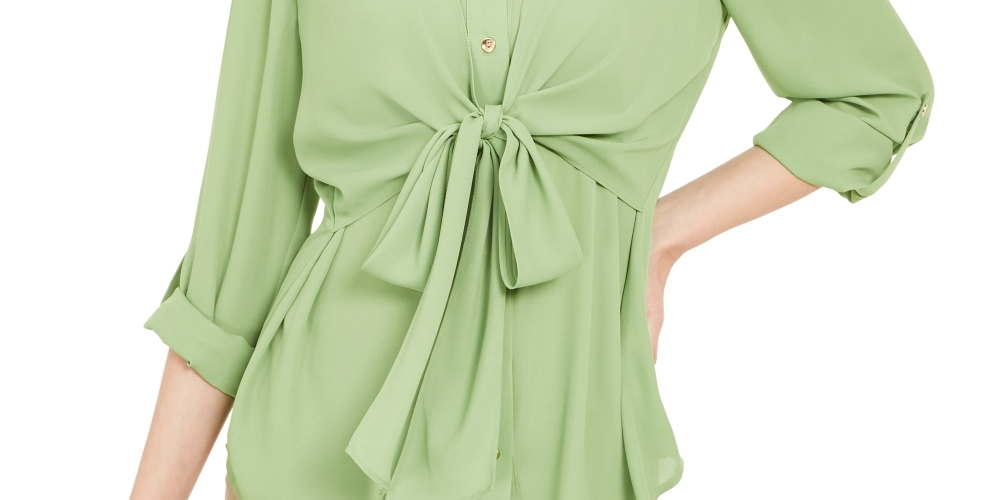 Blusa feminina Alfani com amarração na cintura e mangas enroladas, verde, tamanho grande
