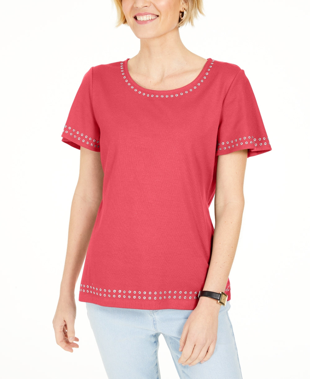 Karen Scott Top de algodão com ilhós feminino, laranja, tamanho grande