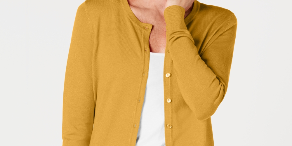 Cardigan feminino de manga comprida com botões frontais, tamanho extragrande, dourado, Charter Club