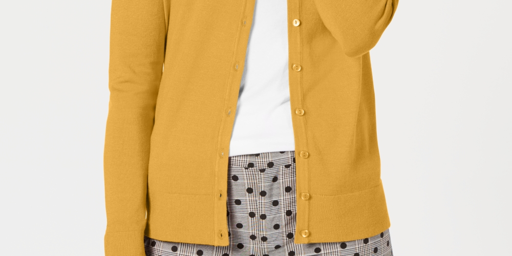 Cardigan feminino de manga comprida com botões frontais, tamanho extragrande, dourado, Charter Club