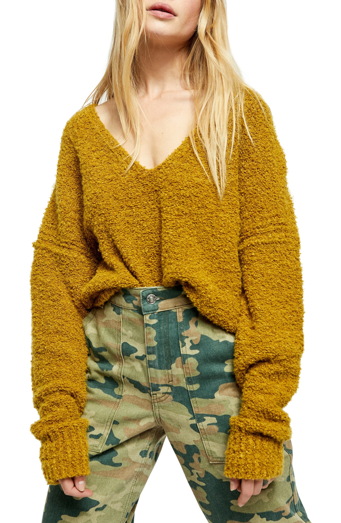Suéter feminino Free People Finder Keepers com decote em V, verde, tamanho pequeno