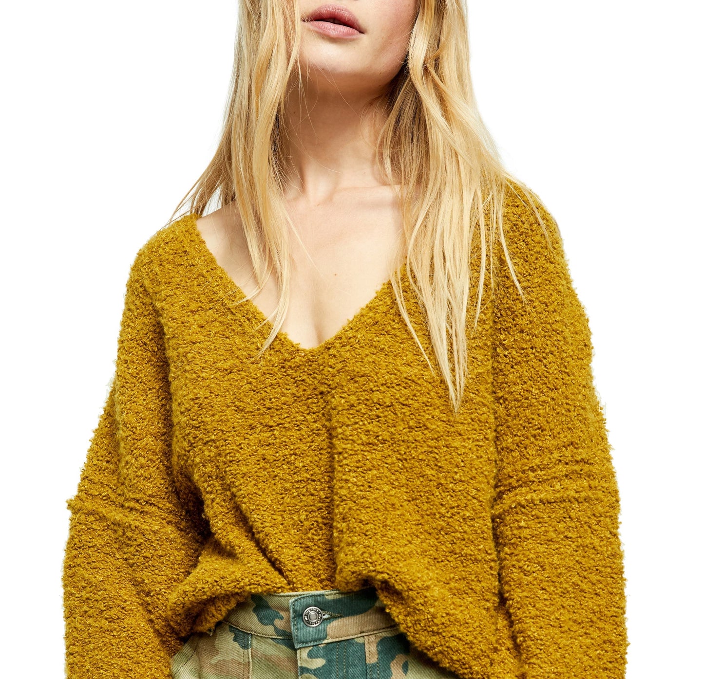 Suéter feminino Free People Finder Keepers com decote em V, verde, tamanho pequeno