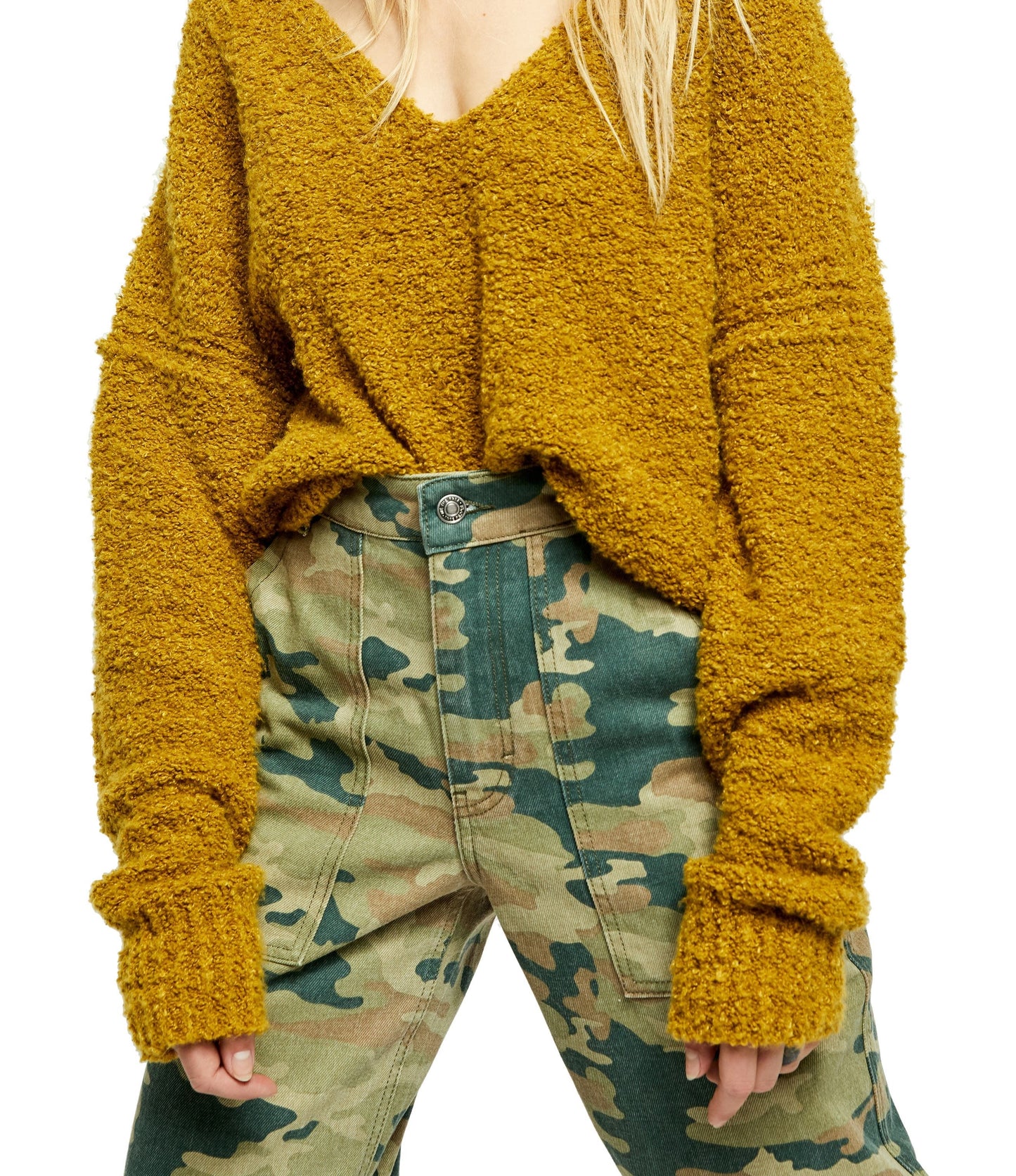 Suéter feminino Free People Finder Keepers com decote em V, verde, tamanho pequeno
