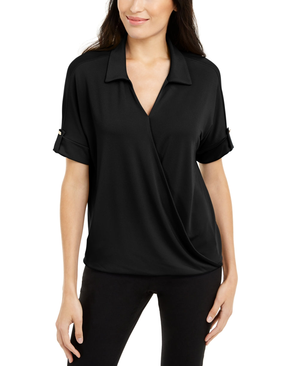 Blusa de malha com gola pequena Alfani feminina, preta, tamanho PS