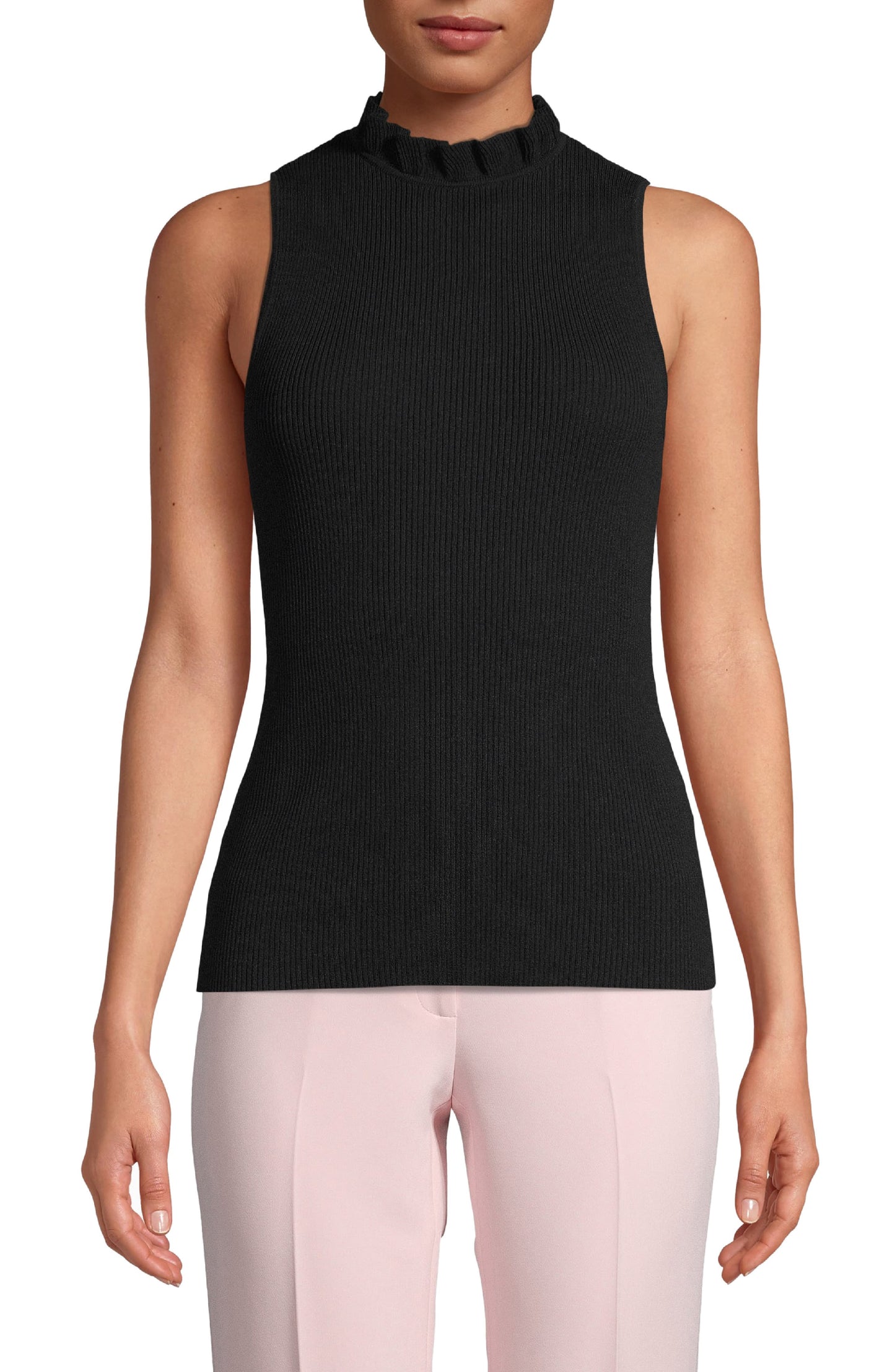 Blusa feminina Anne Klein canelada com babados e gola alta, preta, tamanho XS