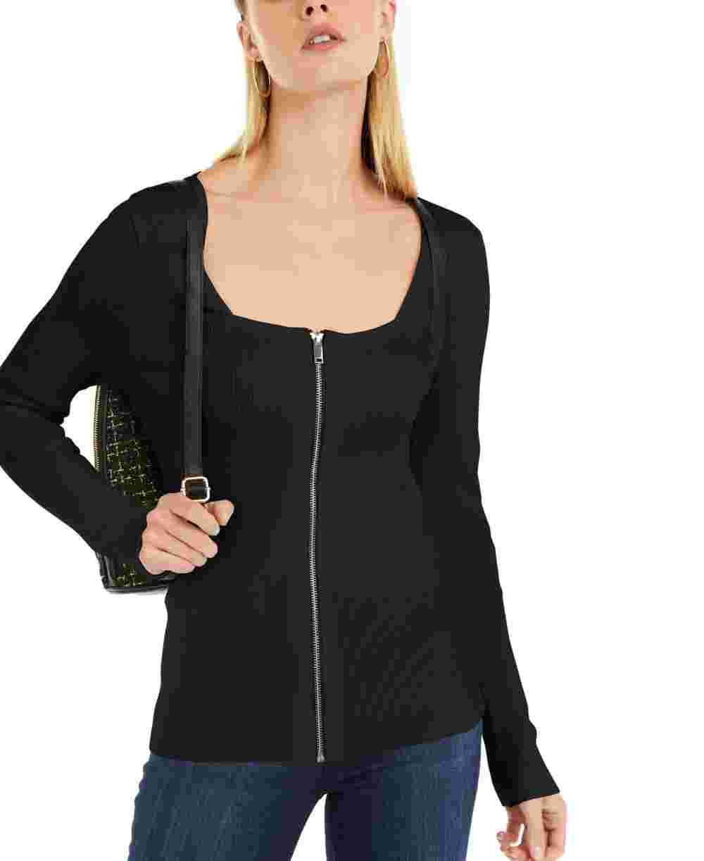 Suéter feminino com gola quadrada e zíper frontal da INC International Concepts, preto, tamanho X-S