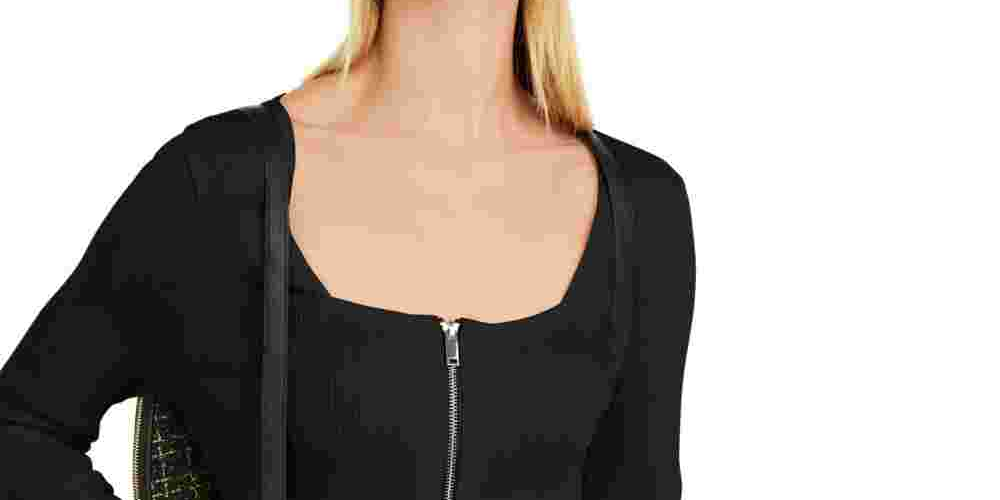 Suéter feminino com gola quadrada e zíper frontal da INC International Concepts, preto, tamanho X-S