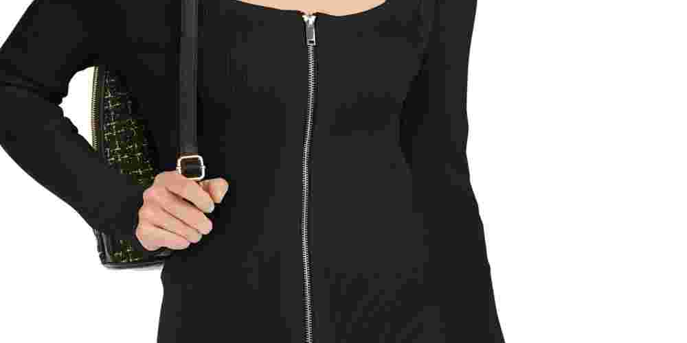 Suéter feminino com gola quadrada e zíper frontal da INC International Concepts, preto, tamanho X-S