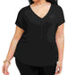 Camiseta feminina Bar III Plus Size com decote em V e manga comprida, preta, tamanho 1X