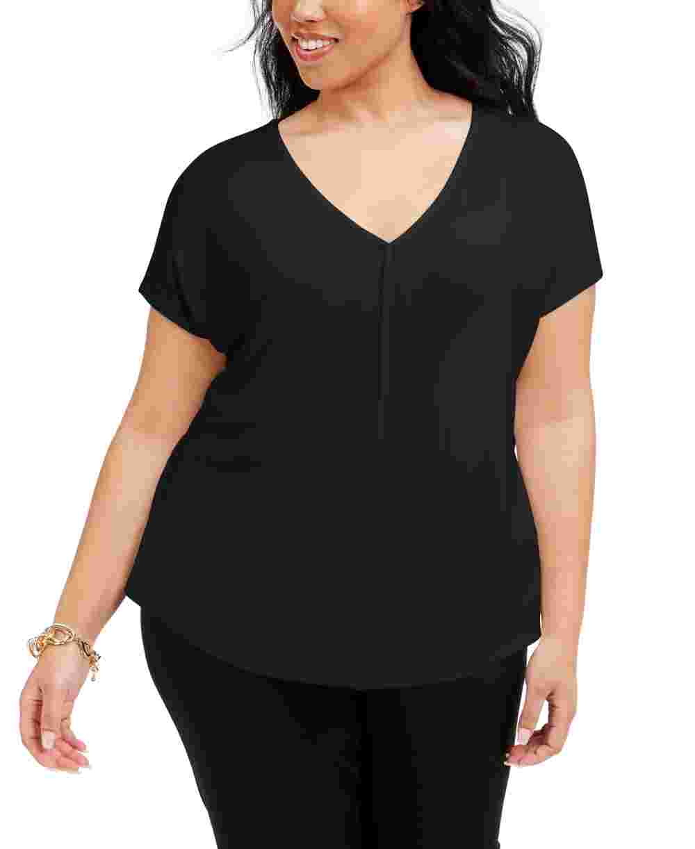 Camiseta feminina Bar III Plus Size com decote em V e manga comprida, preta, tamanho 1X