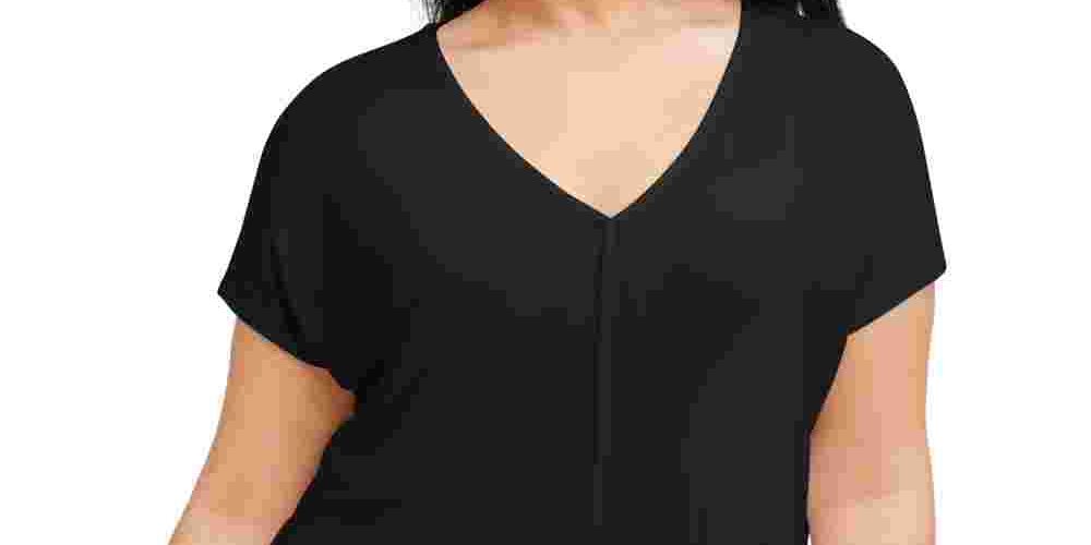 Camiseta feminina Bar III Plus Size com decote em V e manga comprida, preta, tamanho 1X