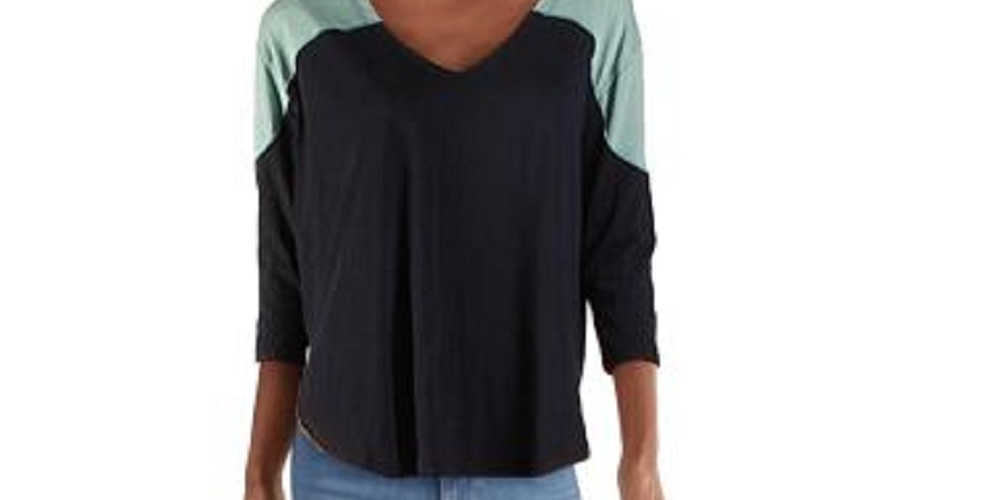 Blusa feminina Free People com manga 3/4 e decote redondo, azul, tamanho extragrande