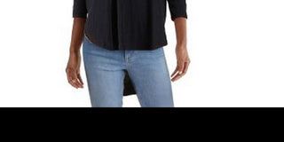 Blusa feminina Free People com manga 3/4 e decote redondo, azul, tamanho extragrande